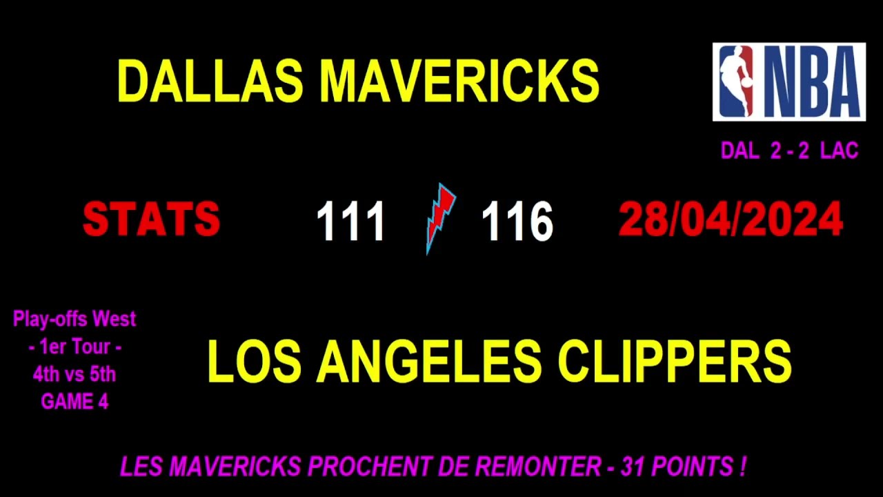 MAVERICKS - CLIPPERS : 111-116 (2-2) - STATS GAME 4 - PLAY-OFFS NBA WEST 1er TOUR - 28/04/2024
